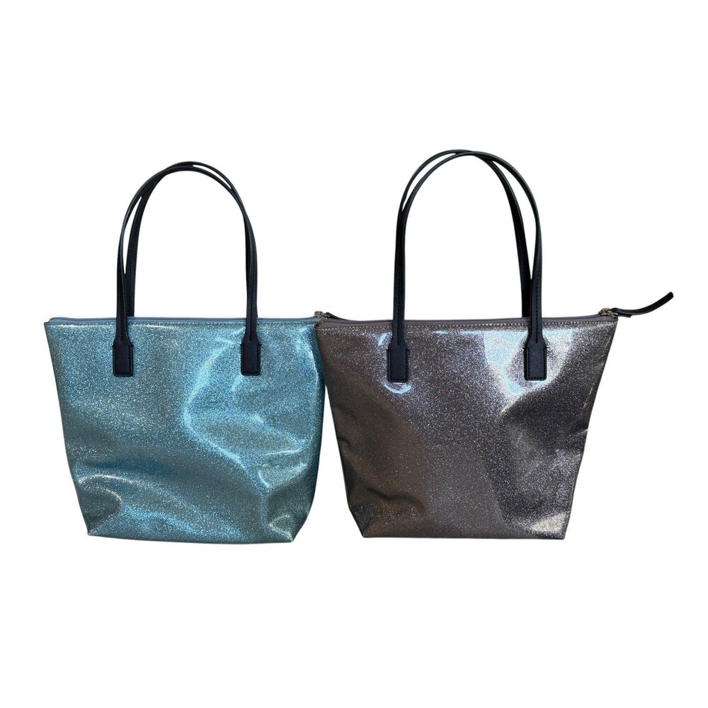Lot Of 2 Kate Spade New York Mavis Street Light Blue & Gray Glitter Tote Bag - Picture 4 of 10